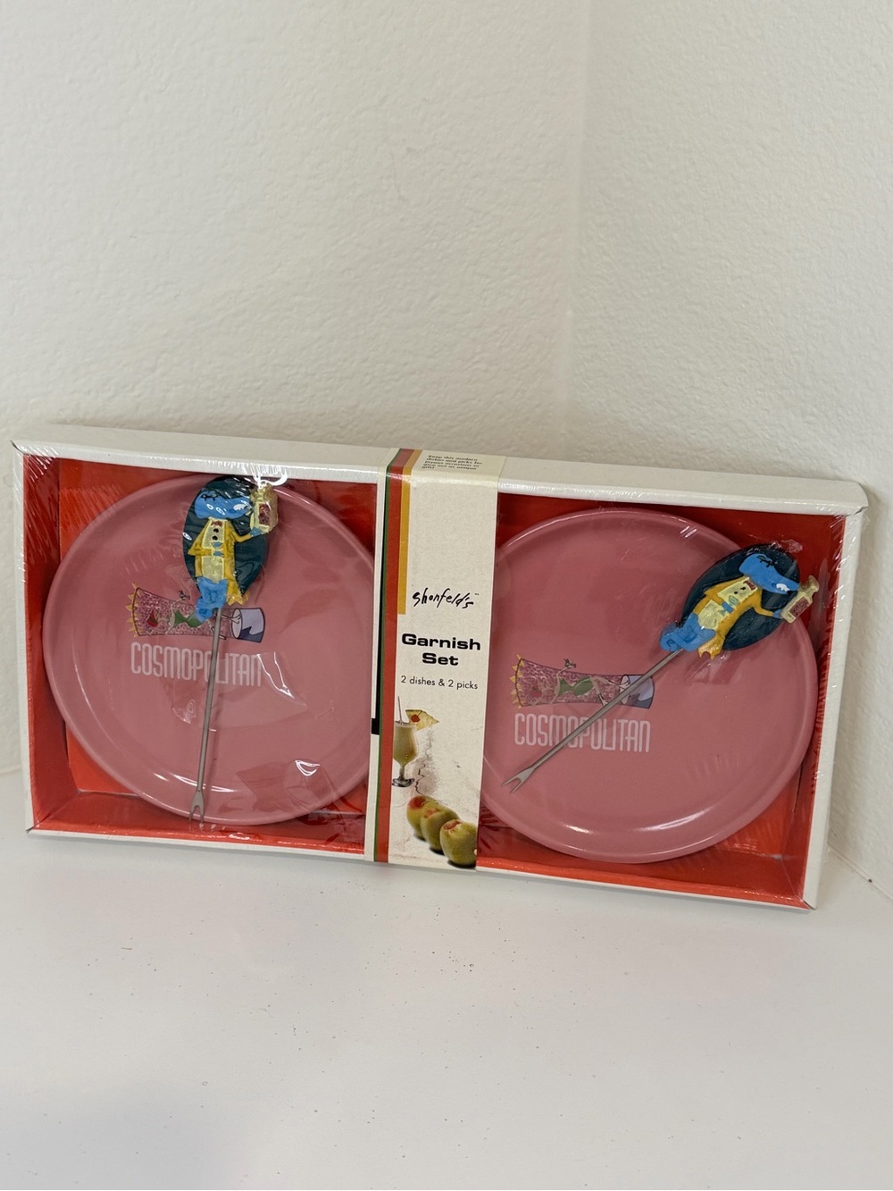 2008 Pink Cosmopolitan Garnish Set - 2 Dishes & 2 Picks